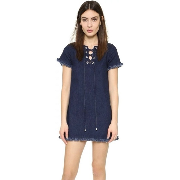 J.O.A. LA denim lace up tie fringe mini dress western boho - Picture 1 of 5